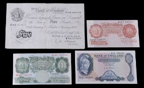 Bank of England, O`Brien issues , white Five-Pounds 7 January 1956  Bank of England, O`Brien