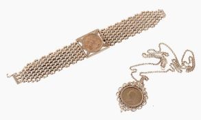 A sovereign set bracelet and pendant , the bracelet with a central sovereign...  A sovereign set