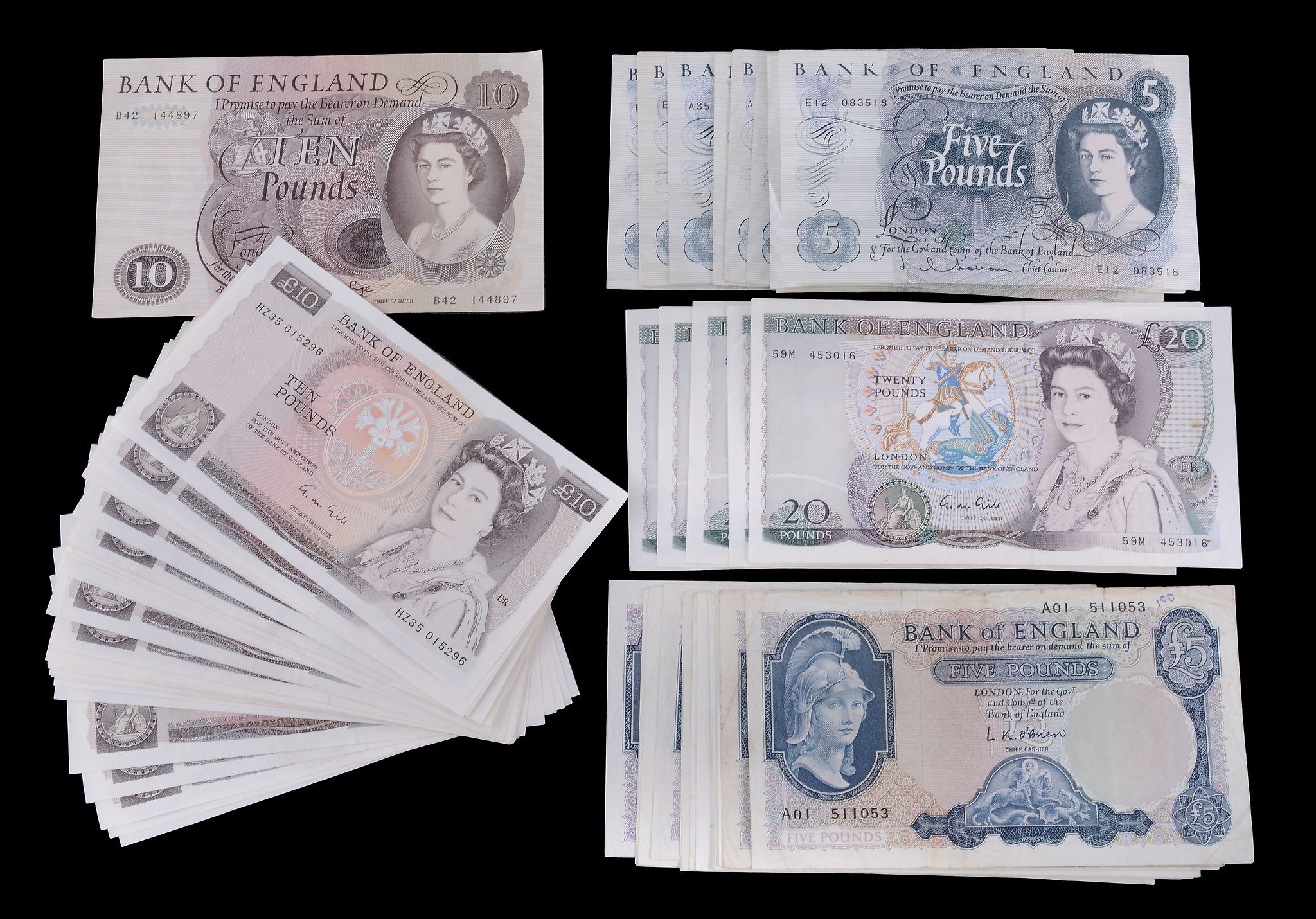 Bank of England, O`Brien Five-Pounds , including two A01 , Hollom Five-Pounds  Bank of England, O`