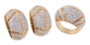 A diamond bombe ring and ear clip suite, the ring pave set with brilliant...  A diamond bombe ring