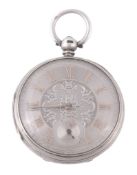 A silver open faced pocket watch, No1019, hallmarked Chester 1883  A silver open faced pocket watch,
