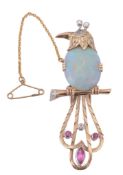 An opal, diamond, ruby and sapphire bird clip brooch  An opal, diamond, ruby and sapphire bird