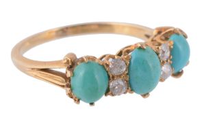 A turquoise and diamond ring, the three claw set oval cabochon turquoise...  A turquoise and diamond