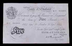 Bank of England, Peppiatt Five-Pounds 21 September 1944, E17 065602  Bank of England, Peppiatt