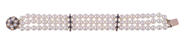 A three strand cultured pearl bracelet, the uniform cultured pearls with...  A three strand cultured
