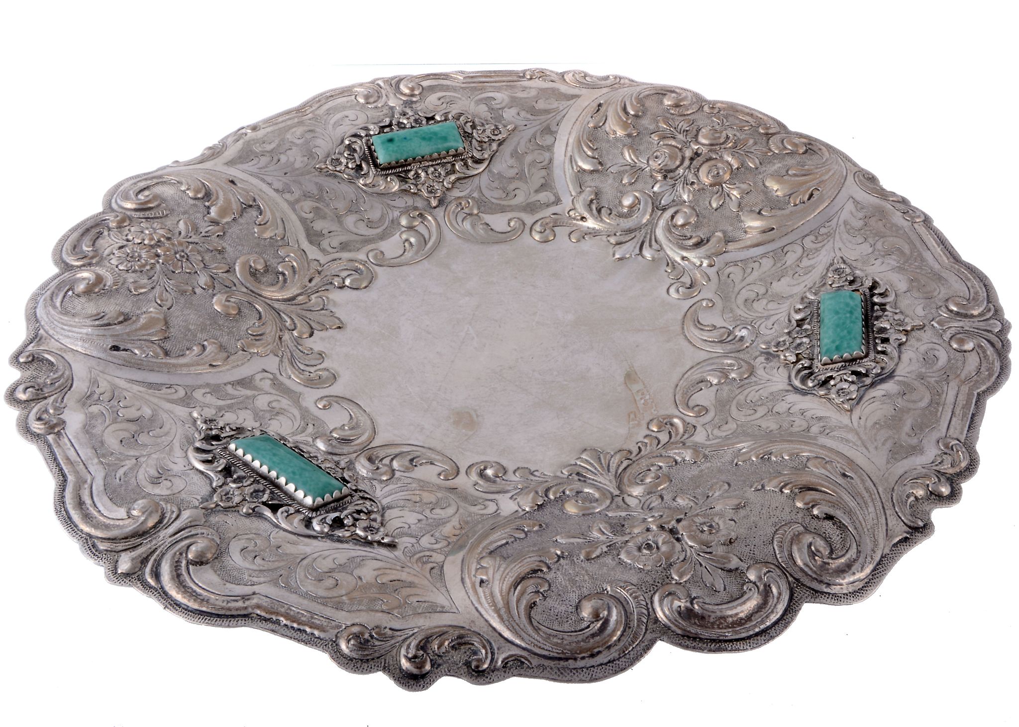 An Italian silver coloured and green glass shaped circular dish, maker  An Italian silver coloured