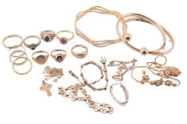 A collection of gold coloured jewellery ; including a bangle stamped 916;...  A collection of gold