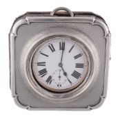 Doxa, an Edwardian silver mounted travelling clock case containing a nickel...  Doxa, an Edwardian