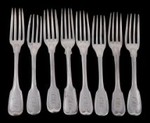 Eight French silver fiddle and thread pattern forks, Paris 1819-1838  Eight French silver fiddle and