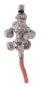 A Victorian silver coloured and coral child`s rattle, with bells  A Victorian silver coloured and