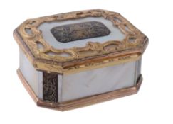 A gilt metal mounted canted-rectangular mother of pearl snuff box  A gilt metal mounted canted-