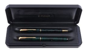 Parker, a Sonnett fountain pen, uninked, in green marbled lacquer case  Parker, a Sonnett fountain