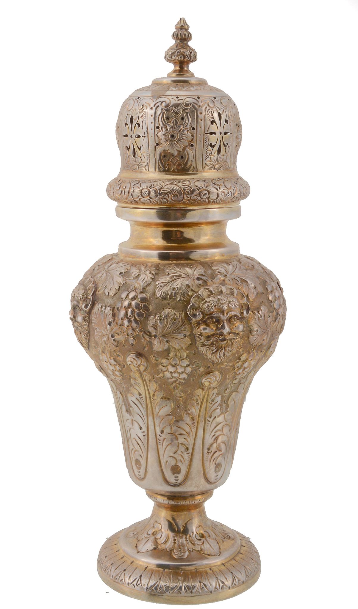 An Edwardian silver gilt large inverted baluster sugar caster by James...  An Edwardian silver