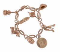 A 9 carat gold charm bracelet, Chester 1959, composed of fancy links  A 9 carat gold charm bracelet,