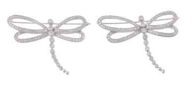 A pair of diamond dragonfly brooches, set throughout with brilliant cut...  A pair of diamond