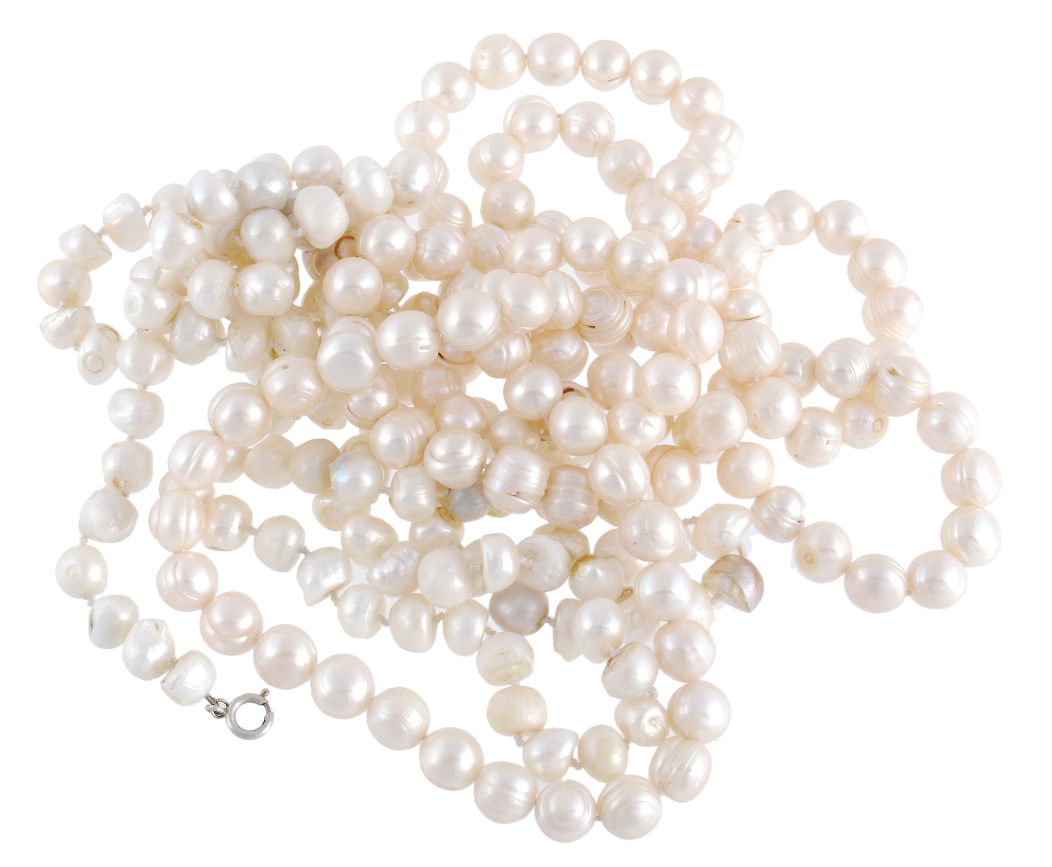 Two freshwater cultured pearl necklaces; the first with mainly ovoid beads  Two freshwater cultured