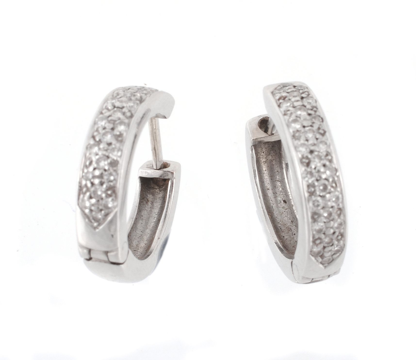 A pair of diamond earrings, the hoops half set with brilliant cut diamonds  A pair of diamond