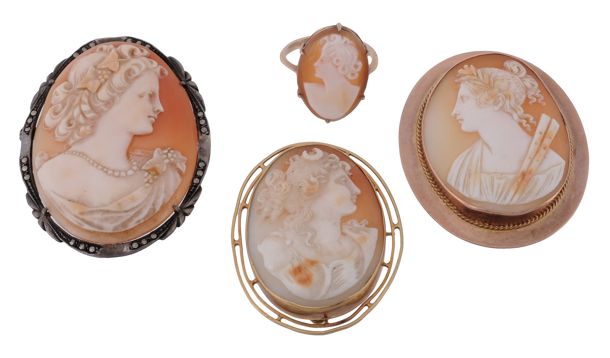 A shell cameo brooch carved with the portrait of Euterpe, the Muse of Music  A shell cameo brooch