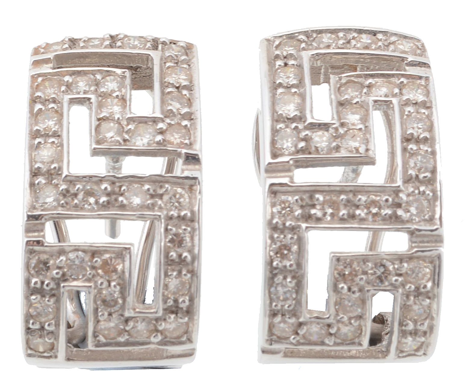 A pair of diamond earrings, of Greek key design  A pair of diamond earrings,   of Greek key design,