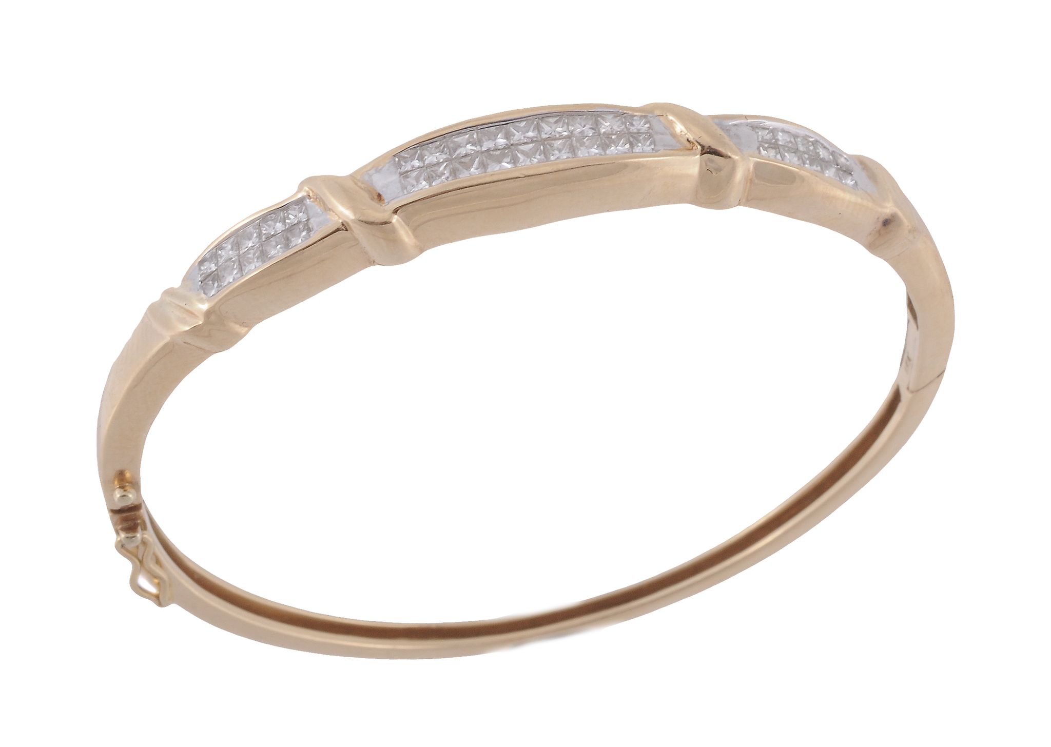 A diamond bracelet, the hinged bangle set with panels of square shaped diamonds  A diamond