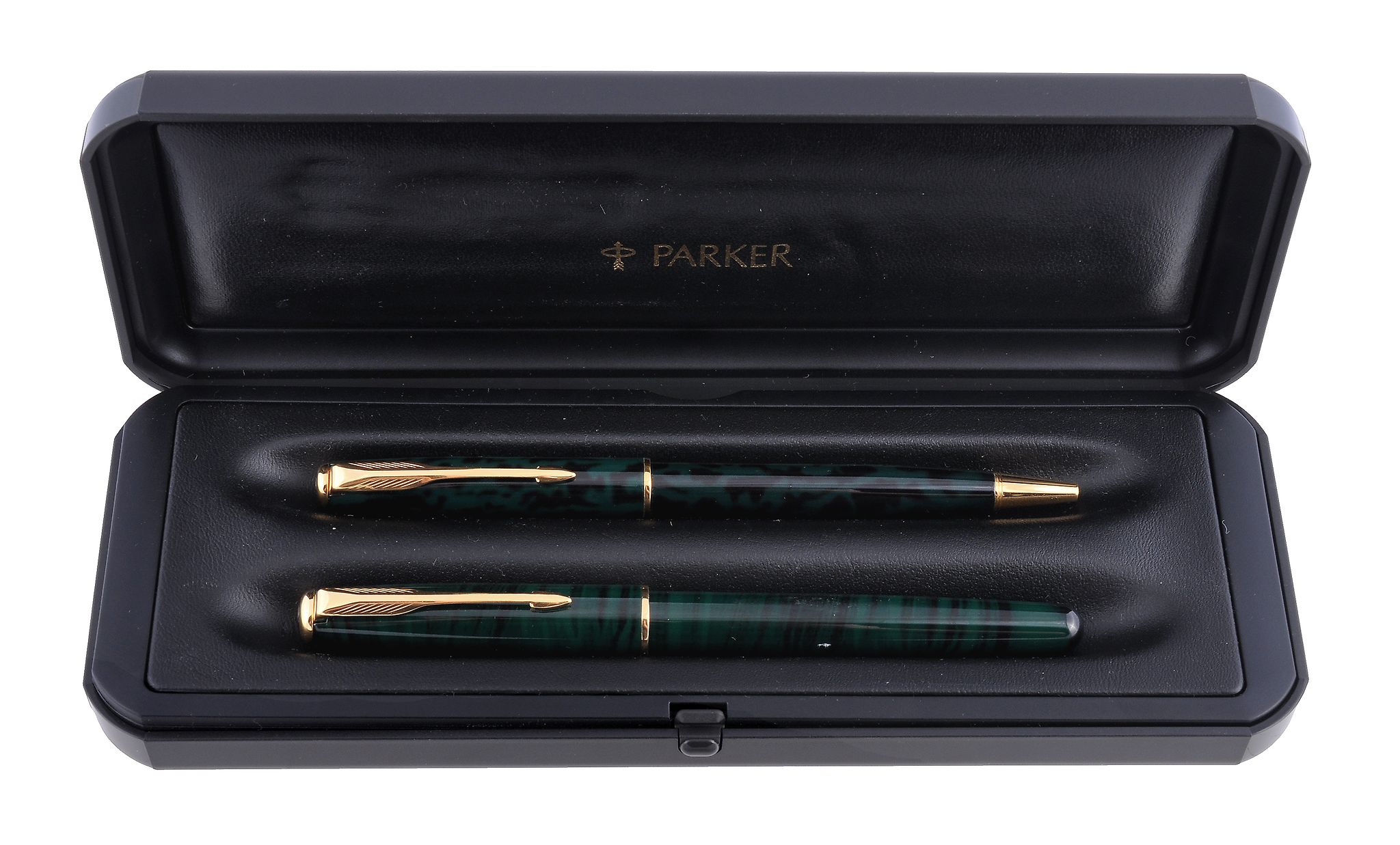 Parker, a Sonnett fountain pen, uninked, in green marbled lacquer case  Parker, a Sonnett fountain