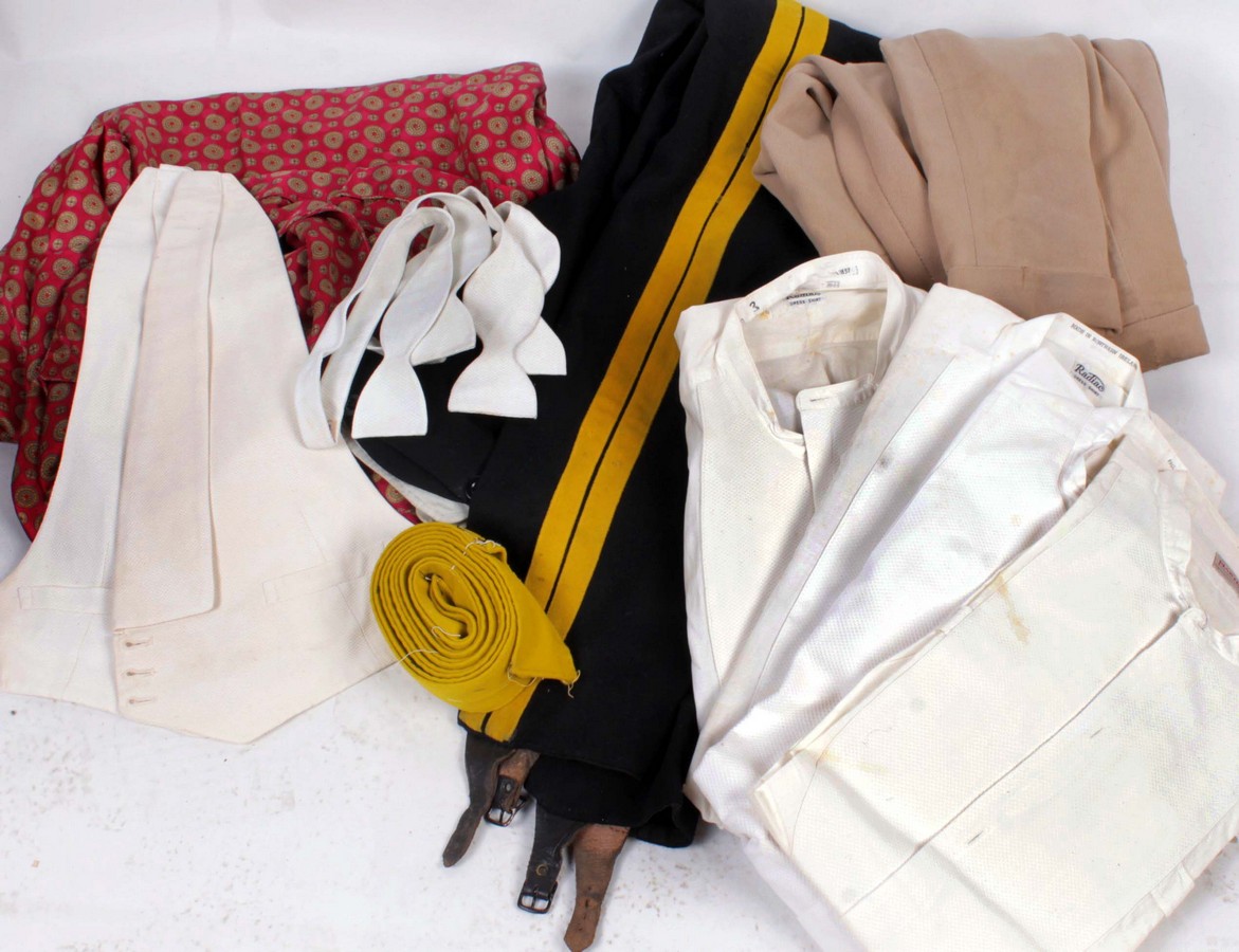 A collection of vintage menswear, comprising: jodhpurs by Frank Hall, a white Marcella waistcoat and