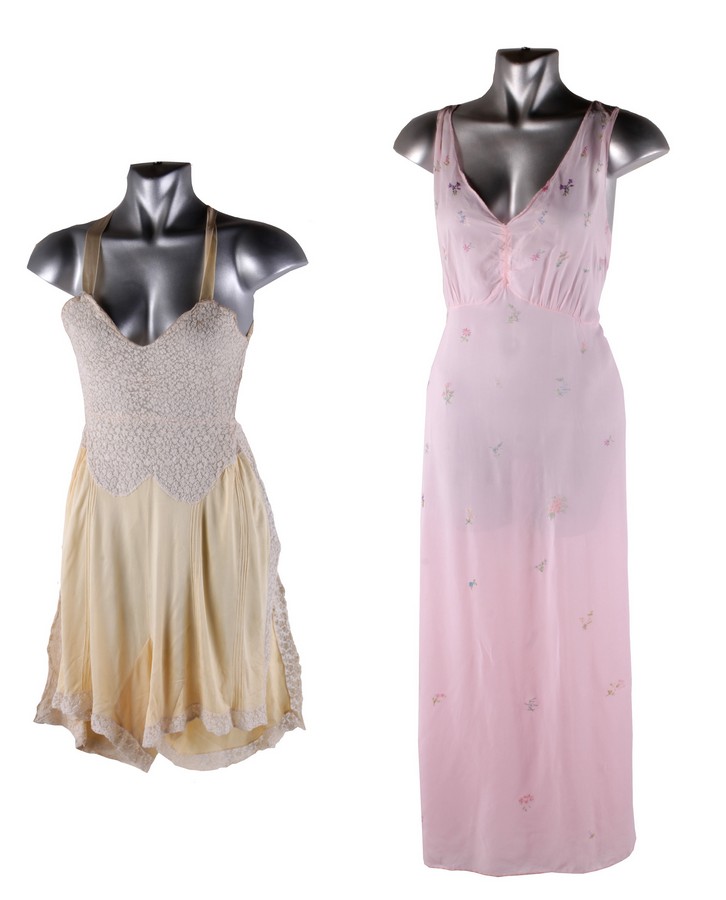 A quantity of nightdresses, petticoats and lingerie, including: a pair of pale yellow rayon cami-