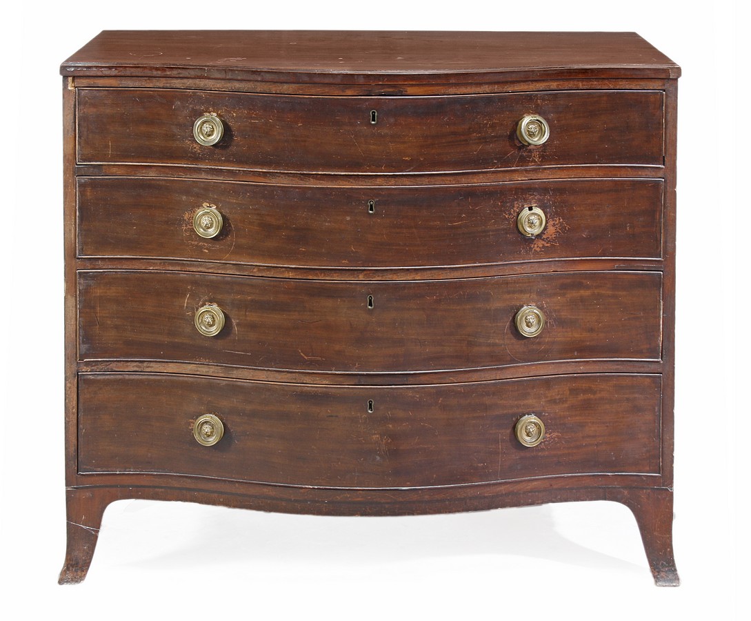 A George III mahogany serpentine fronted chest of drawers, circa 1770, with four long drawers on