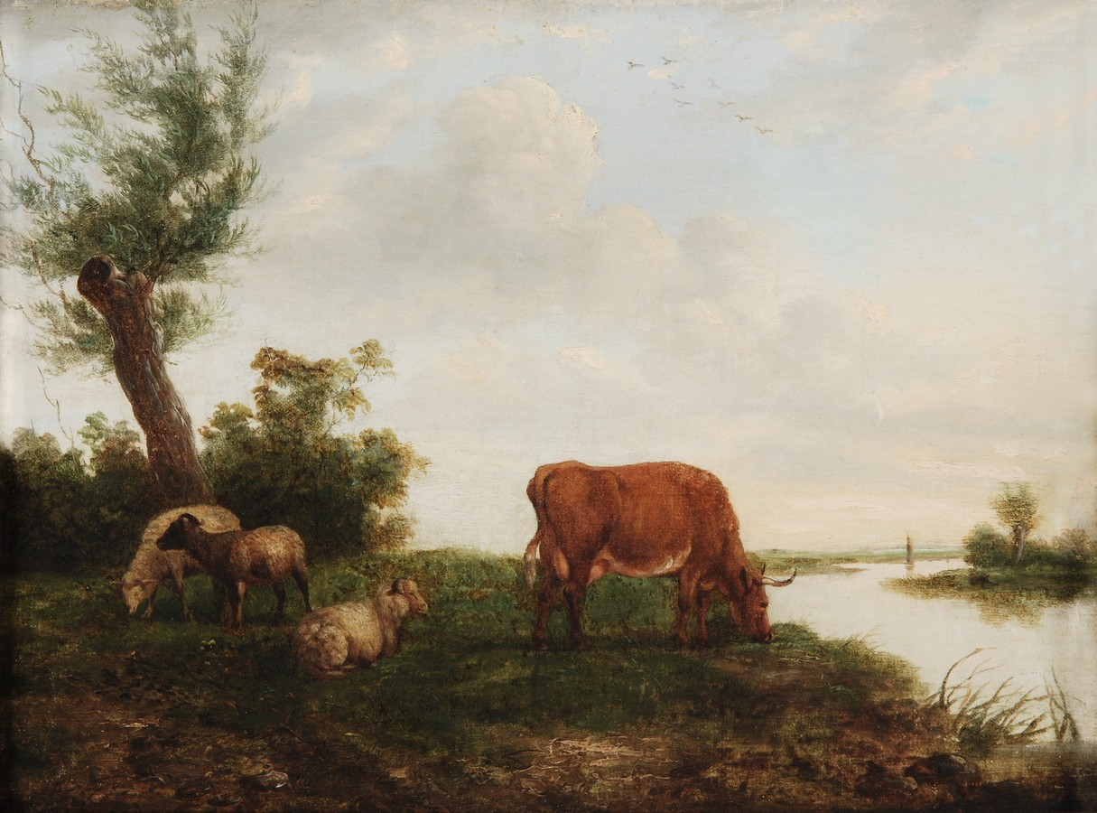 Attributed to Edmund Bristow (1787-1876) Cattle and sheep Oil on canvas (relined) Name to plaque