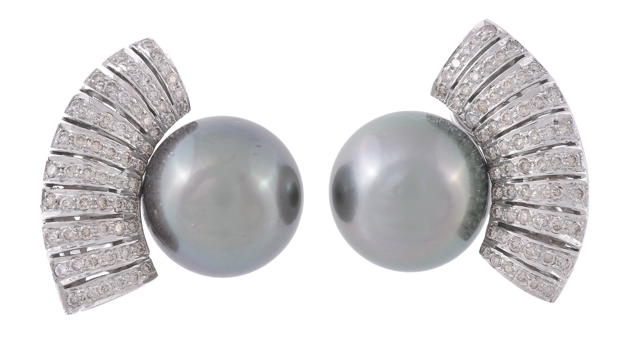 A pair of black South Sea cultured pearl and diamond earrings  A pair of black South Sea cultured