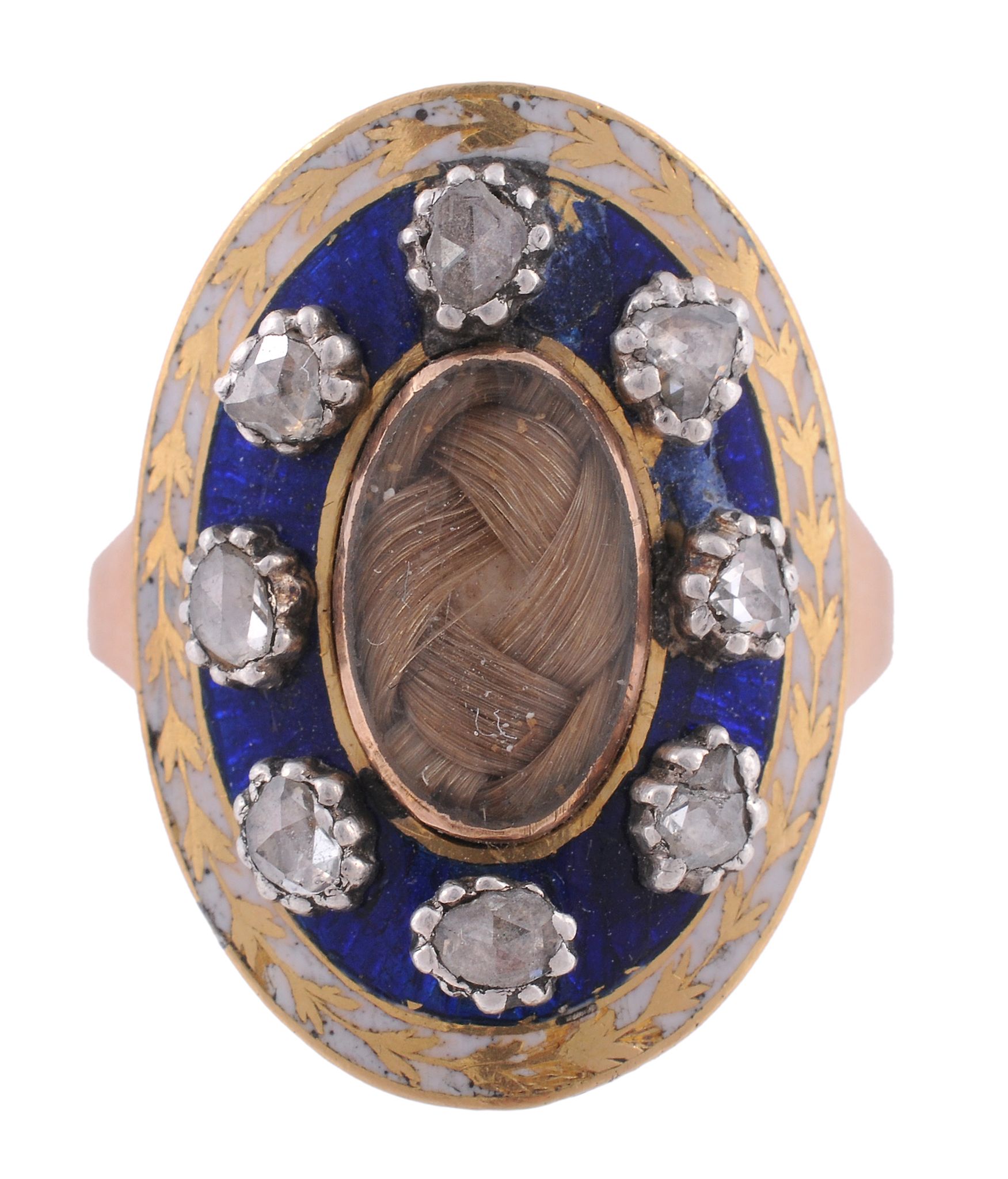 A Georgian enamel, diamond and hair work ring, circa 1800  A Georgian enamel, diamond and hair