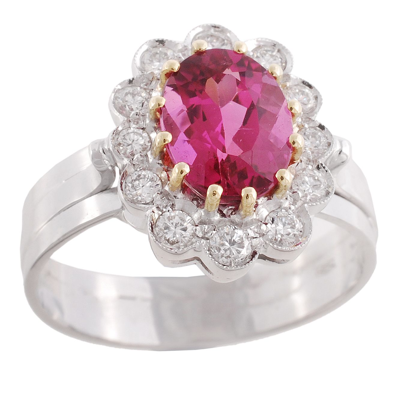 A rubellite and diamond ring, the oval shaped rubellite claw set within a...  A rubellite and