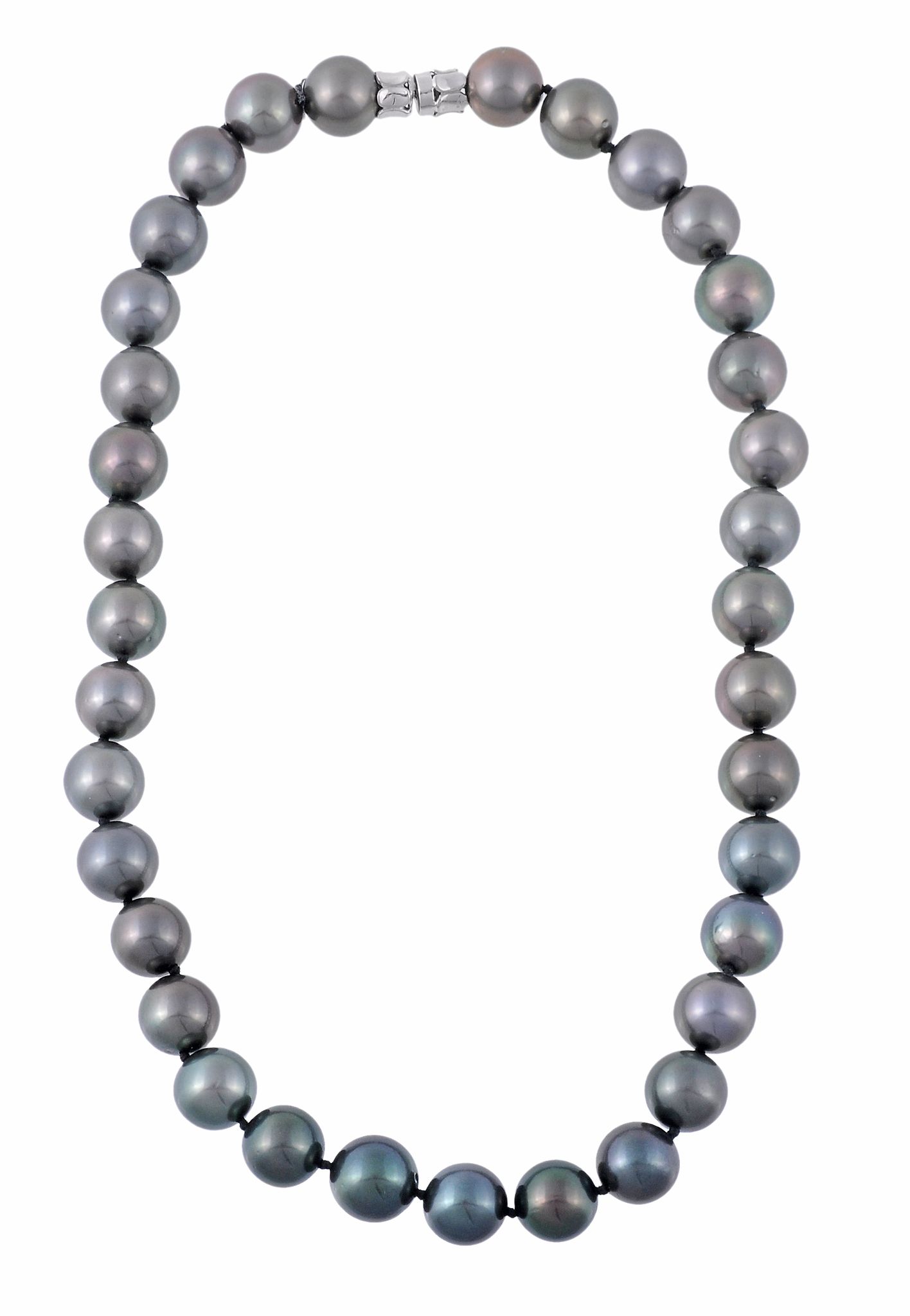 A black South Sea cultured pearl necklace, the thirty five 13  A black South Sea cultured pearl
