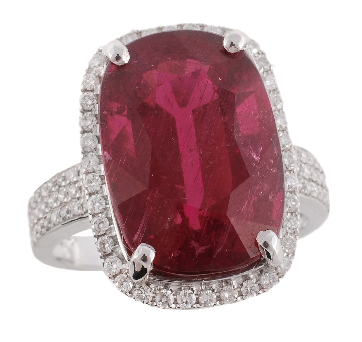 A pink tourmaline and diamond ring, the rectangular pink tourmaline  A pink tourmaline and diamond