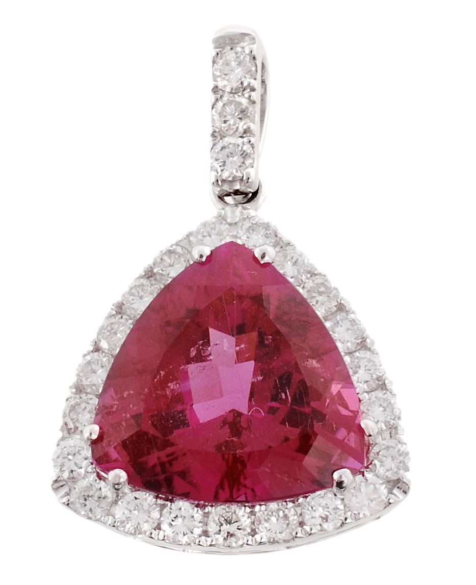 A pink tourmaline and diamond pendant, the triangular fancy cut pink...  A pink tourmaline and