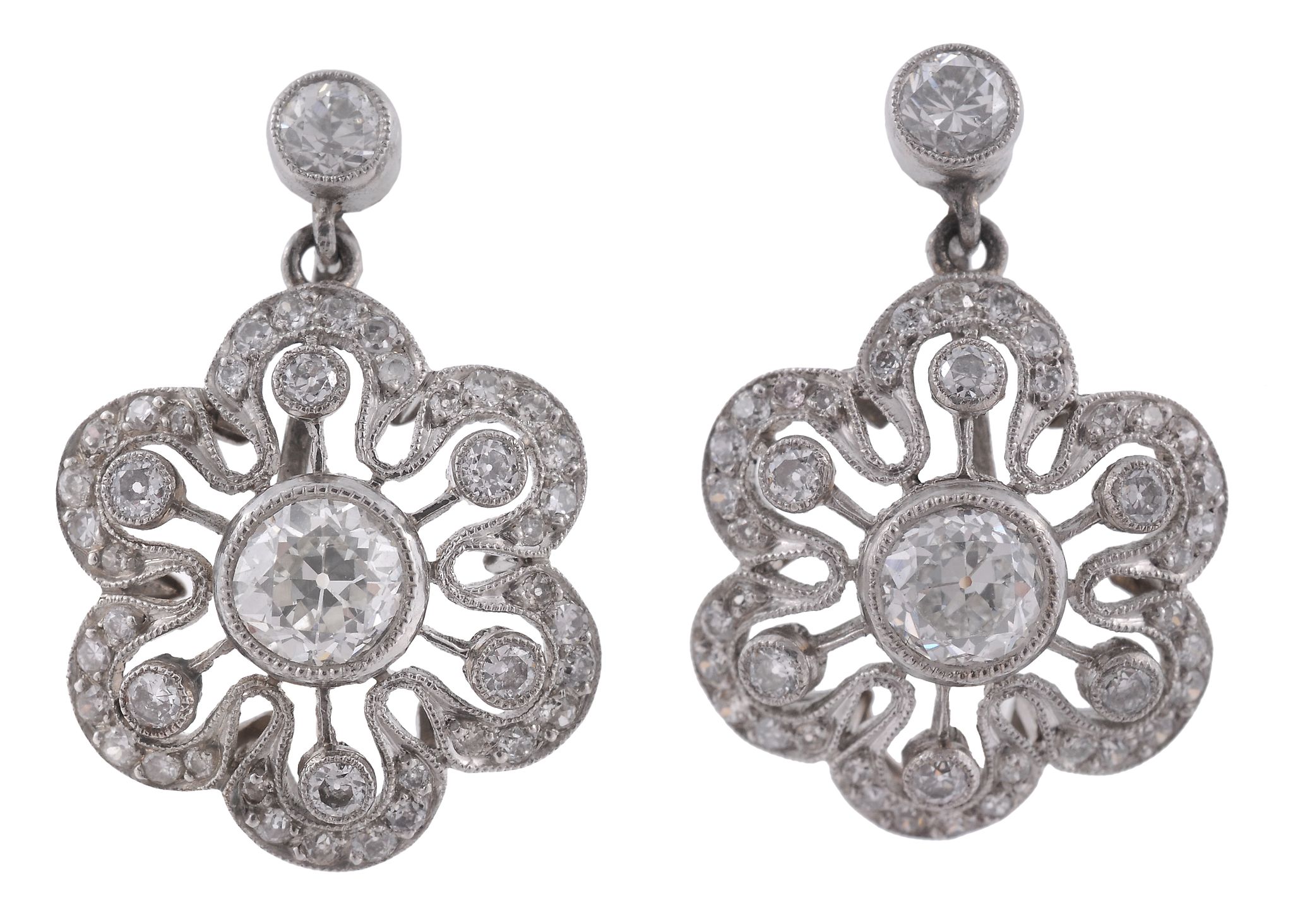 A pair of diamond earrings, the foliate cluster set throughout with old...  A pair of diamond