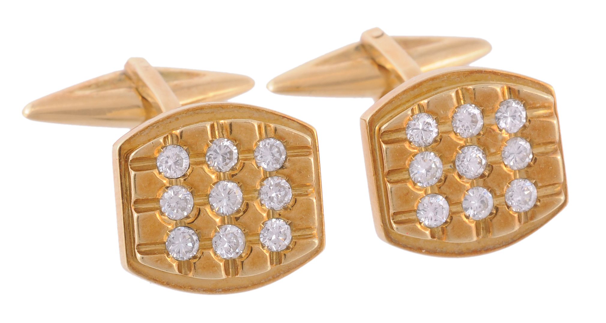 A pair of gold coloured and diamond cufflinks  A pair of gold coloured and diamond cufflinks,   the