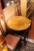 An oak dropside low table, a three legged cricket table, two Edwardian side chairs, a cast iron