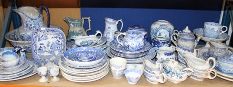 A large quantity of 19th Century and later blue and white ceramics including an Adams wash jug and