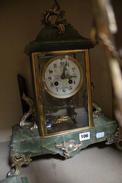 A French gilt metal mounted green onyx four-glass mantel clock, circa 1900, the eight-day gong