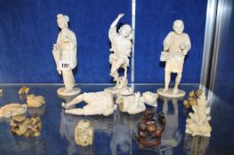A mixed quantity of Asian objects of virtue including carved ivory figures and netsuke etc. (some