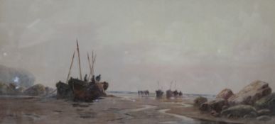 Charles Hannaford (1863-1955) Fishing boat on the shore Watercolour Signed lower left 30.5 x 64.5