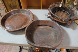 Three large wooden bowls/dishes etc.