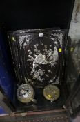 Two inlaid Oriental trays and small quantity of brassware etc.