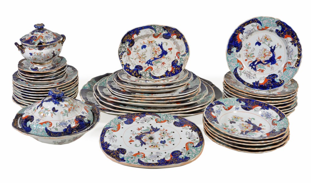 A Mason`s Ironstone part dinner service, mid 19th century, printed in puce and painted in shades of