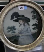 A George III reverse painted glass picture of a lady, circular; 22cm diameter