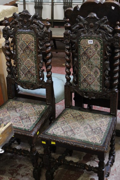 A pair of 17th century style carved oak chairs, 19th century