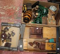 A quantity of treen items and other collectable items including inlaid trays, small amount of dolls