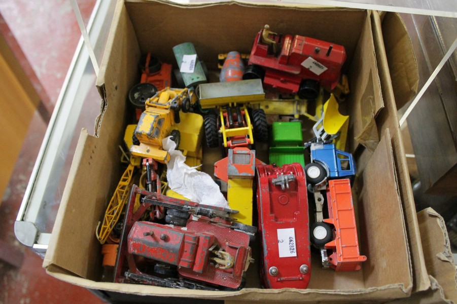 Dinky diecast bulldozers, tractors, steam roller, trucks etc.