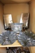A pair of mirrored wall sconces, another pair of wall sconces and a plated bucket